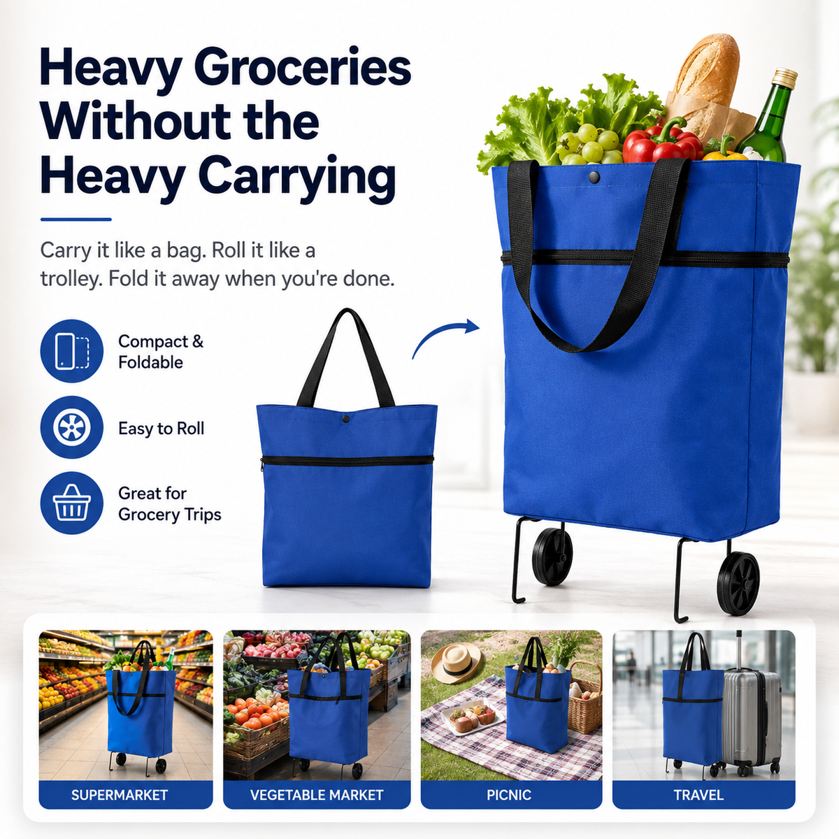 Foldable rolling shopping bag for grocery trips