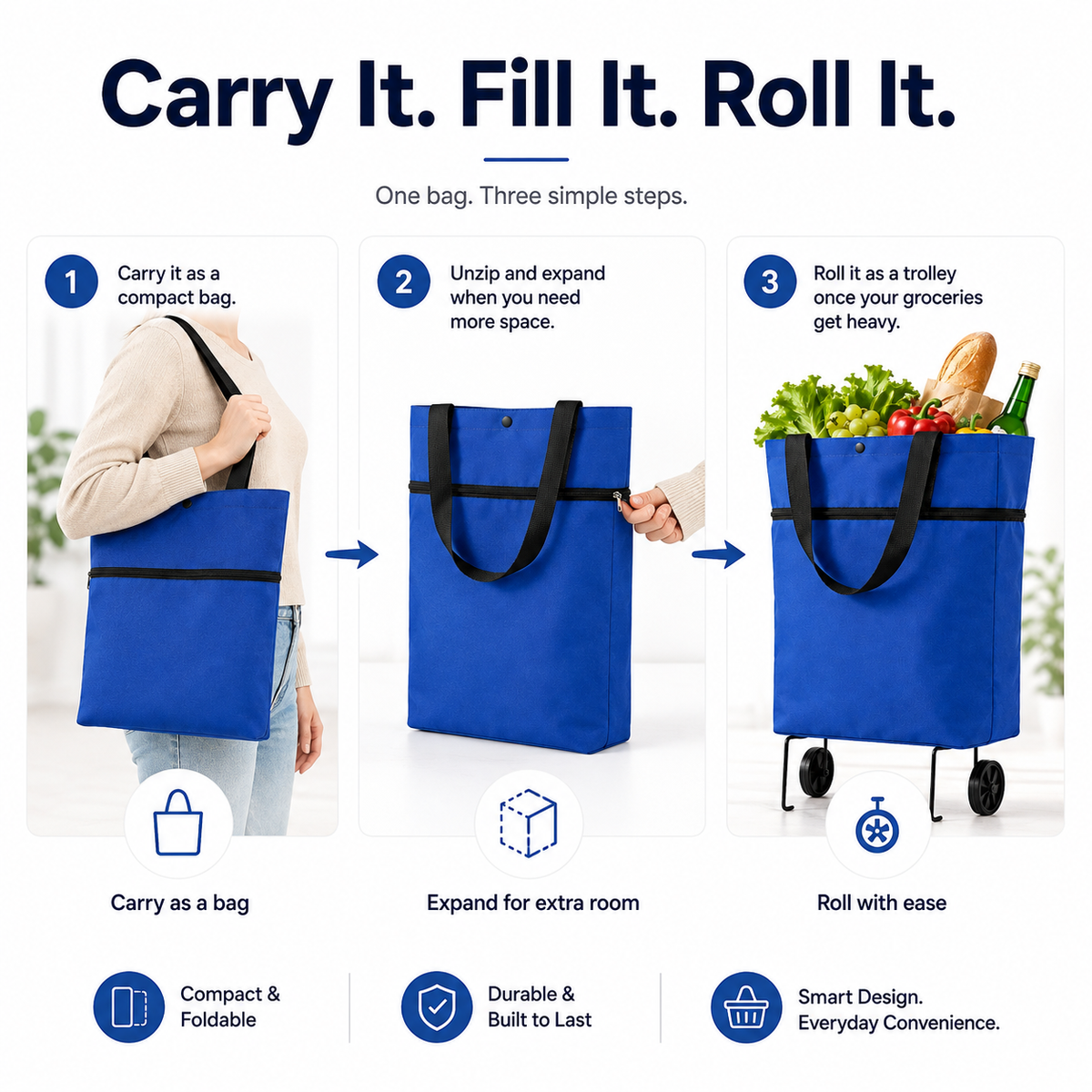 Three steps for using foldable rolling shopping bag