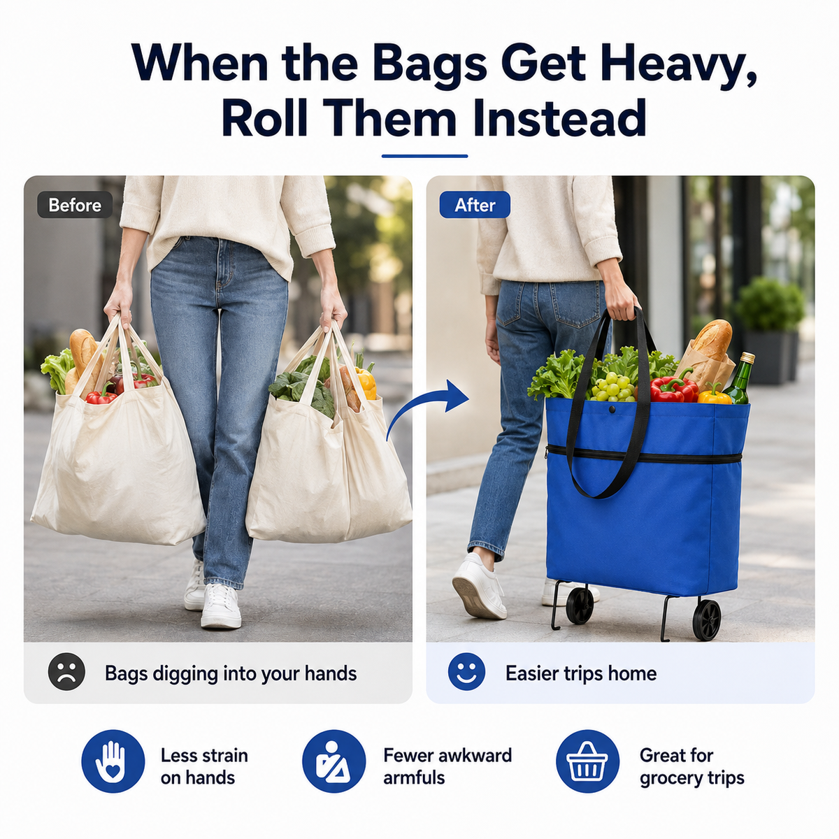 Before and after comparison showing carrying grocery bags versus rolling groceries