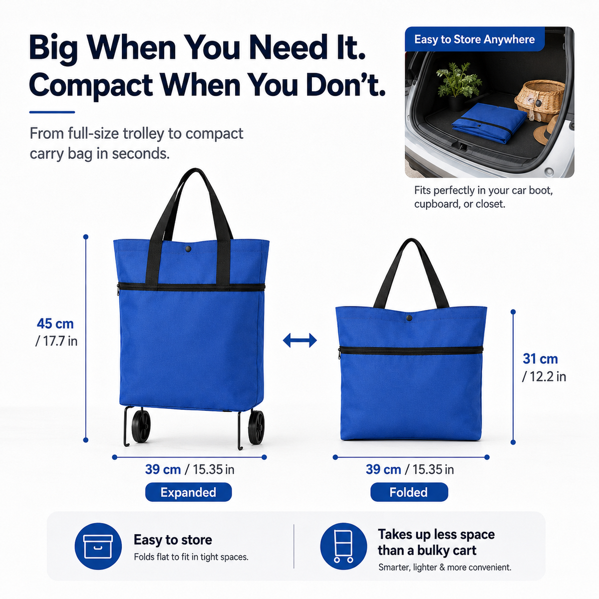 Foldable shopping trolley shown in expanded and compact form