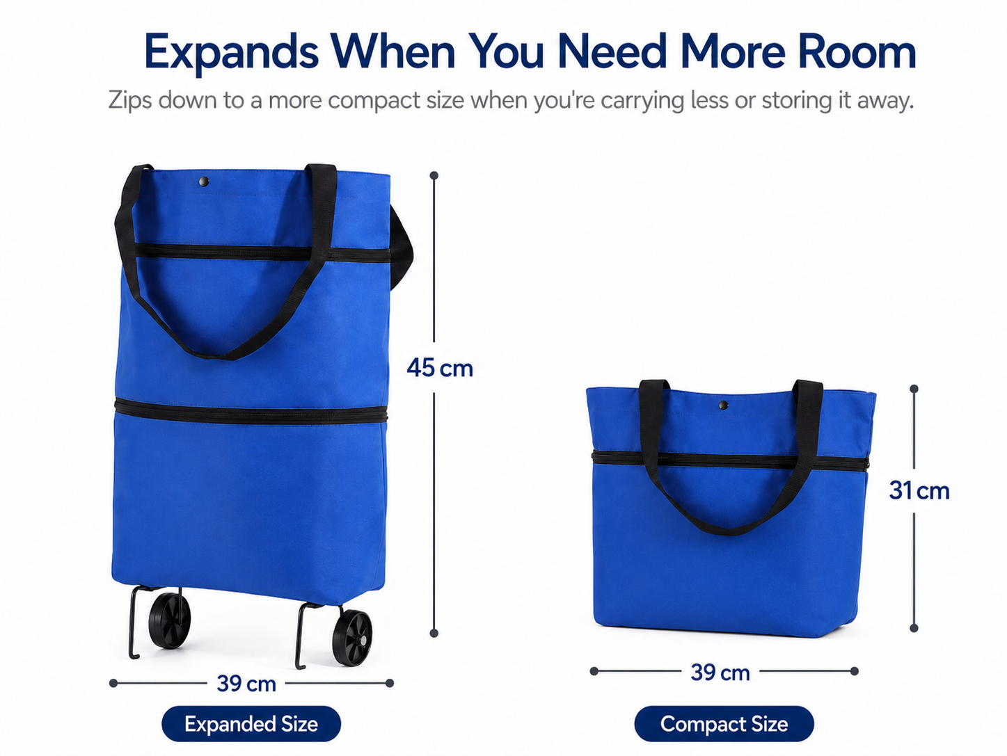 Expandable rolling shopping bag showing expanded and compact dimensions